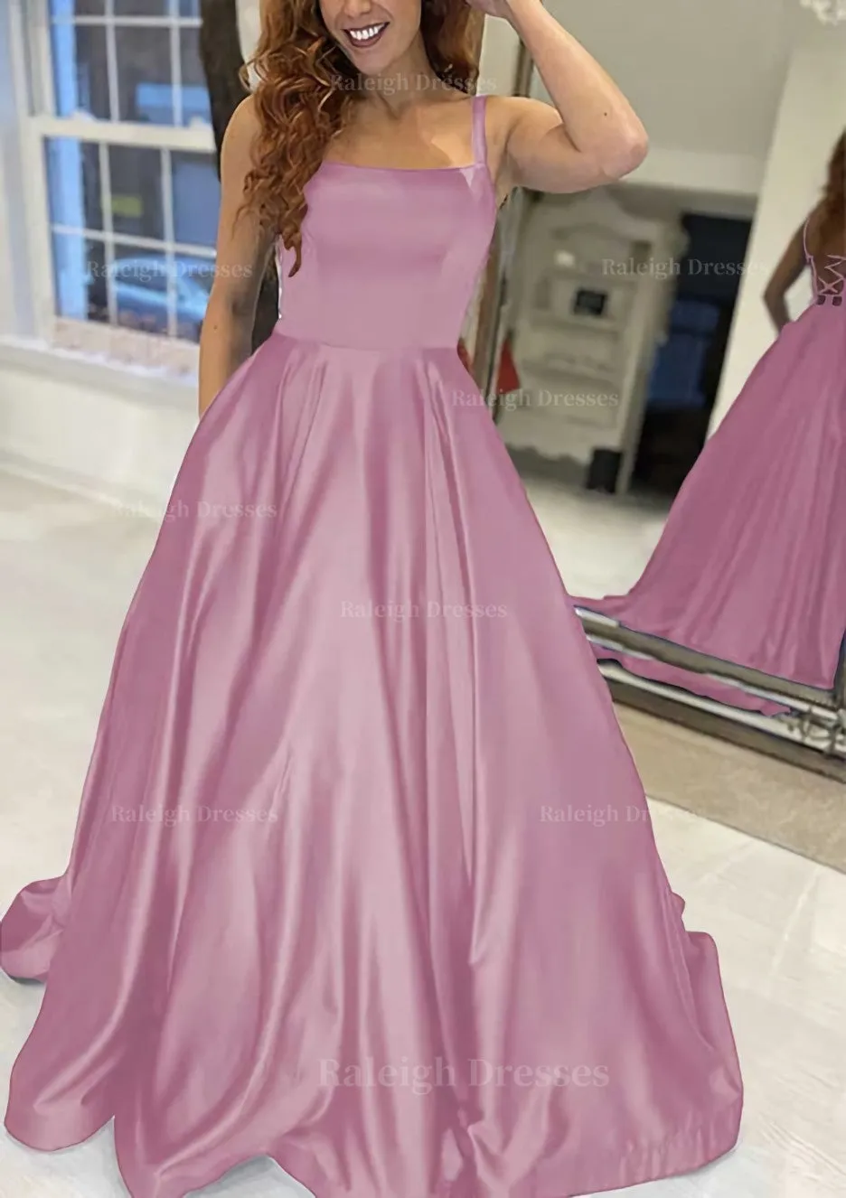 A-line Square Neckline Sleeveless Sweep Train Satin Prom Dress With Pockets