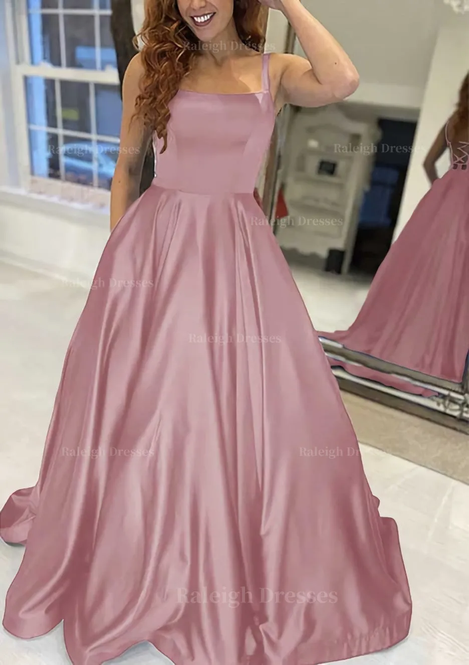 A-line Square Neckline Sleeveless Sweep Train Satin Prom Dress With Pockets