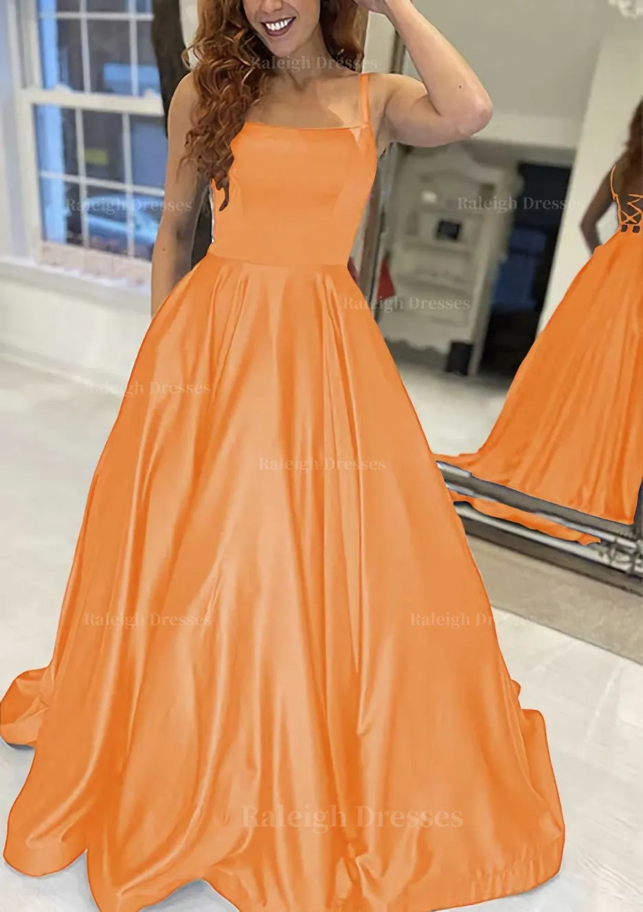 A-line Square Neckline Sleeveless Sweep Train Satin Prom Dress With Pockets