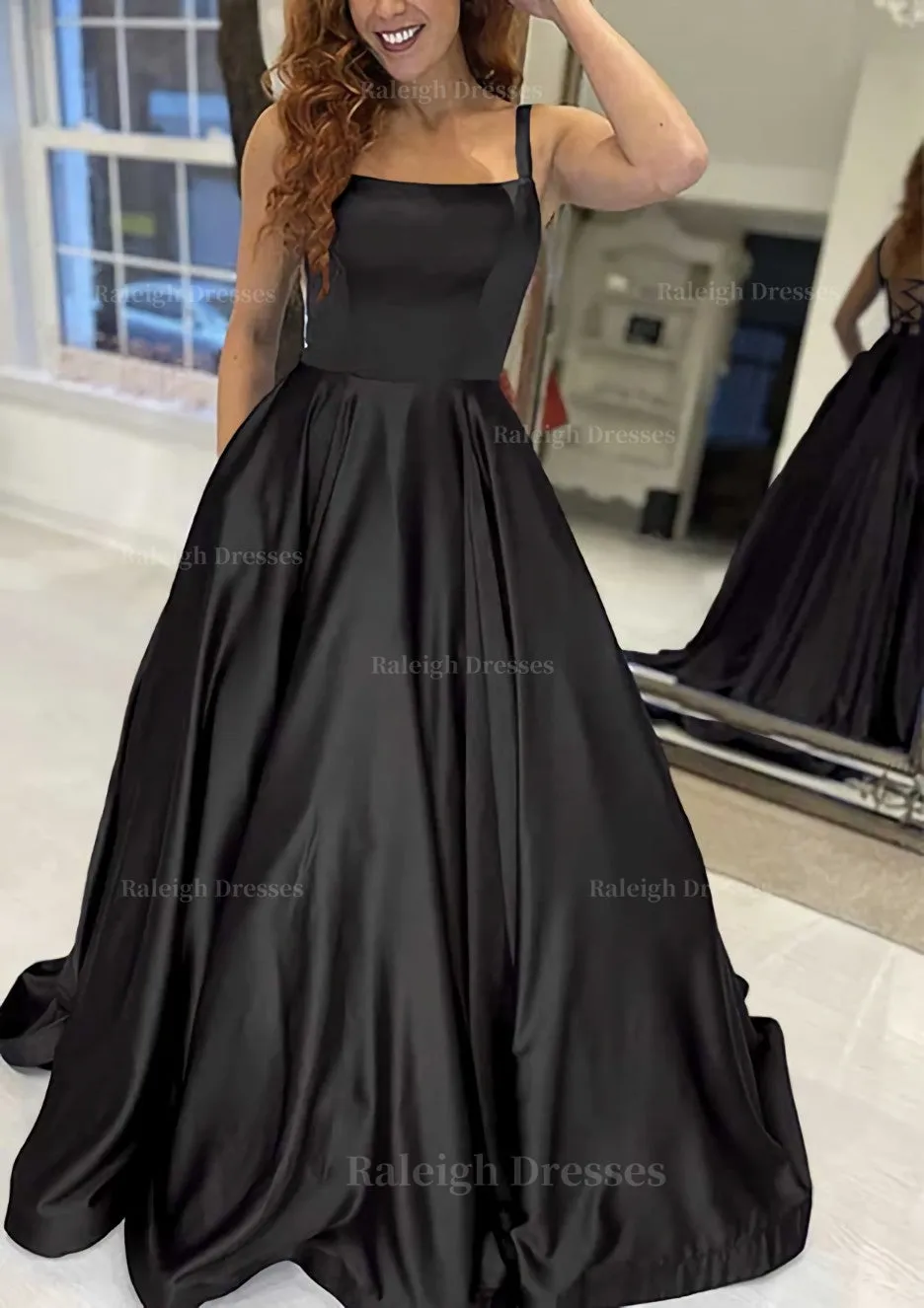 A-line Square Neckline Sleeveless Sweep Train Satin Prom Dress With Pockets