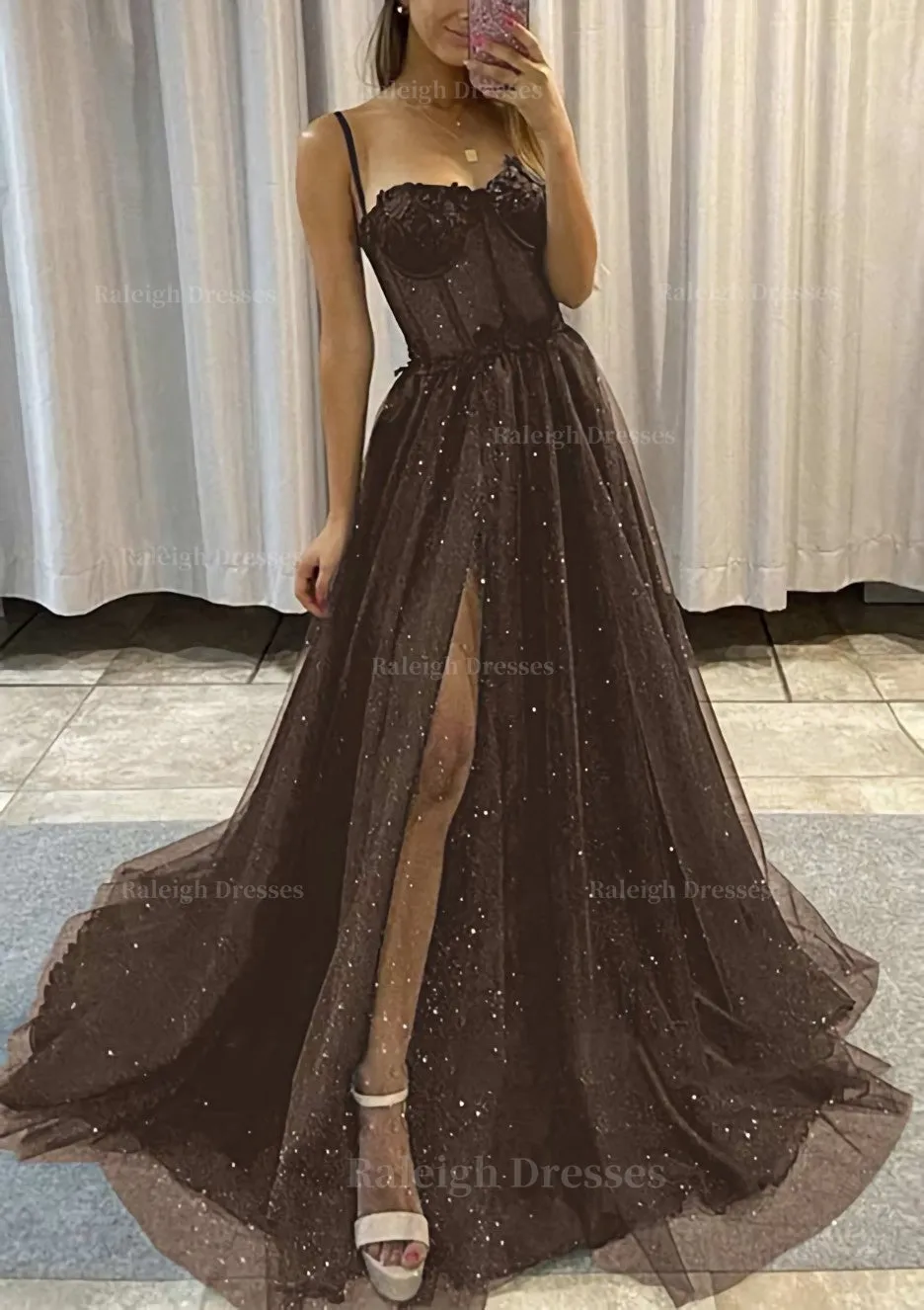 A-line Sweetheart Spaghetti Straps Sweep Train Tulle Glitter Prom Dress With Appliqued