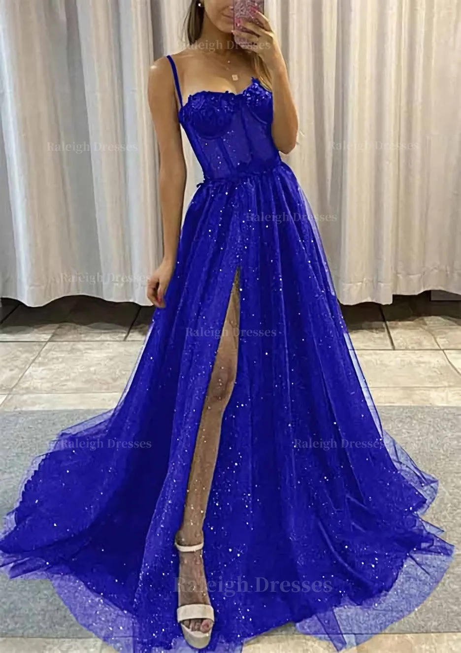 A-line Sweetheart Spaghetti Straps Sweep Train Tulle Glitter Prom Dress With Appliqued