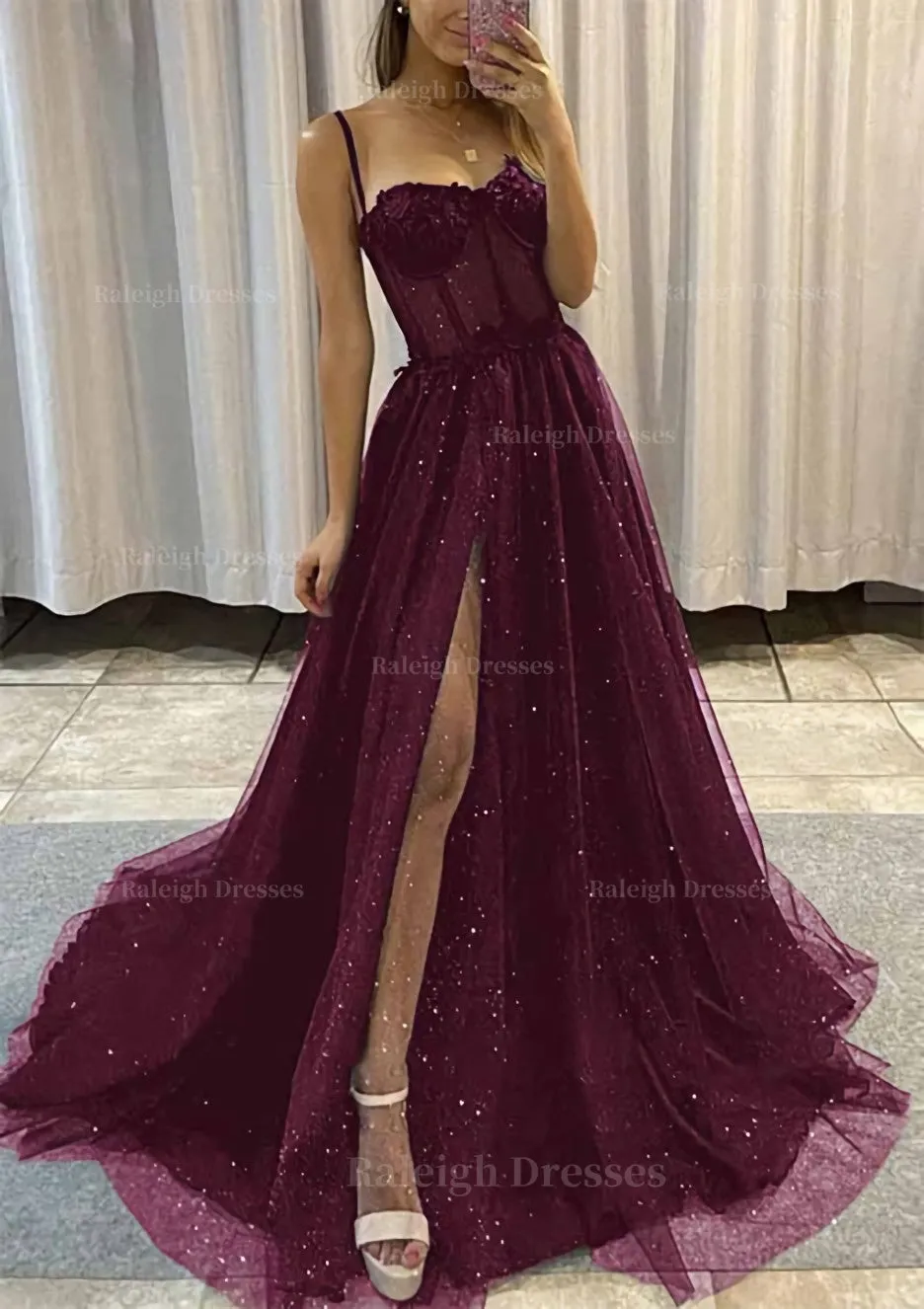 A-line Sweetheart Spaghetti Straps Sweep Train Tulle Glitter Prom Dress With Appliqued