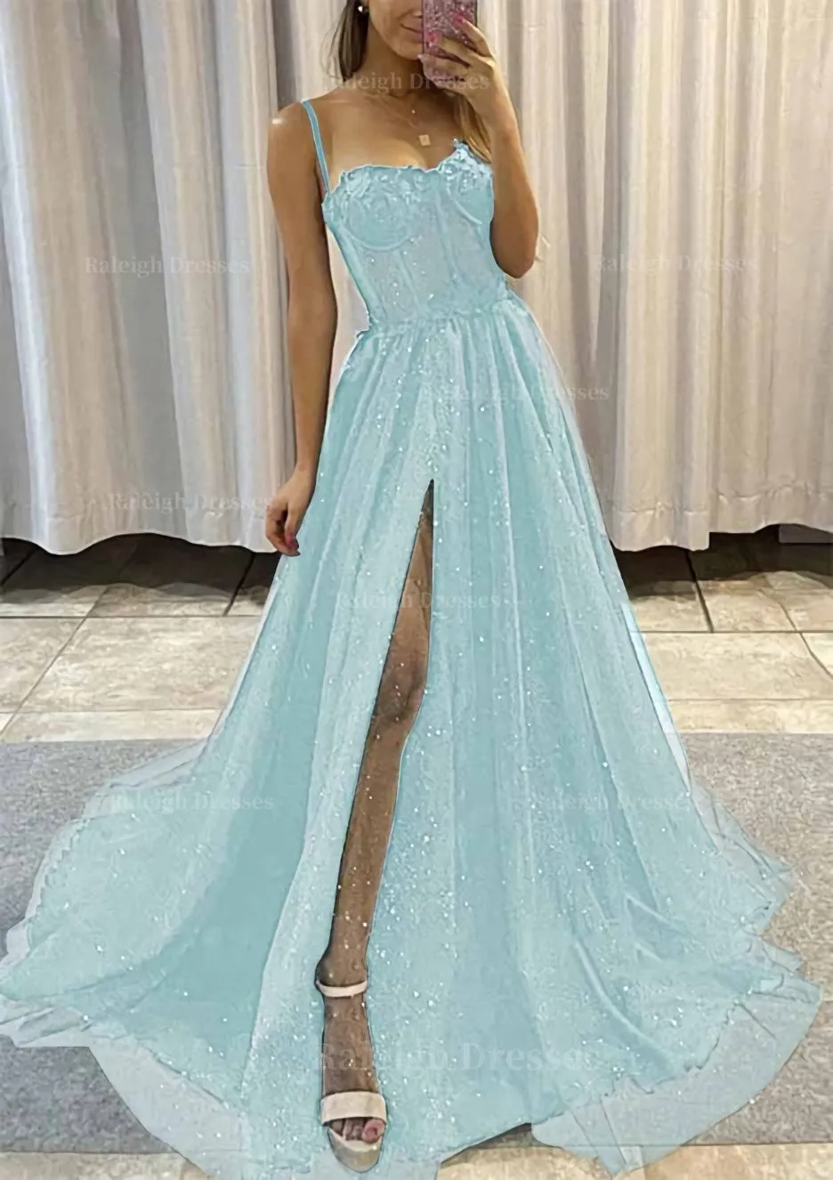 A-line Sweetheart Spaghetti Straps Sweep Train Tulle Glitter Prom Dress With Appliqued