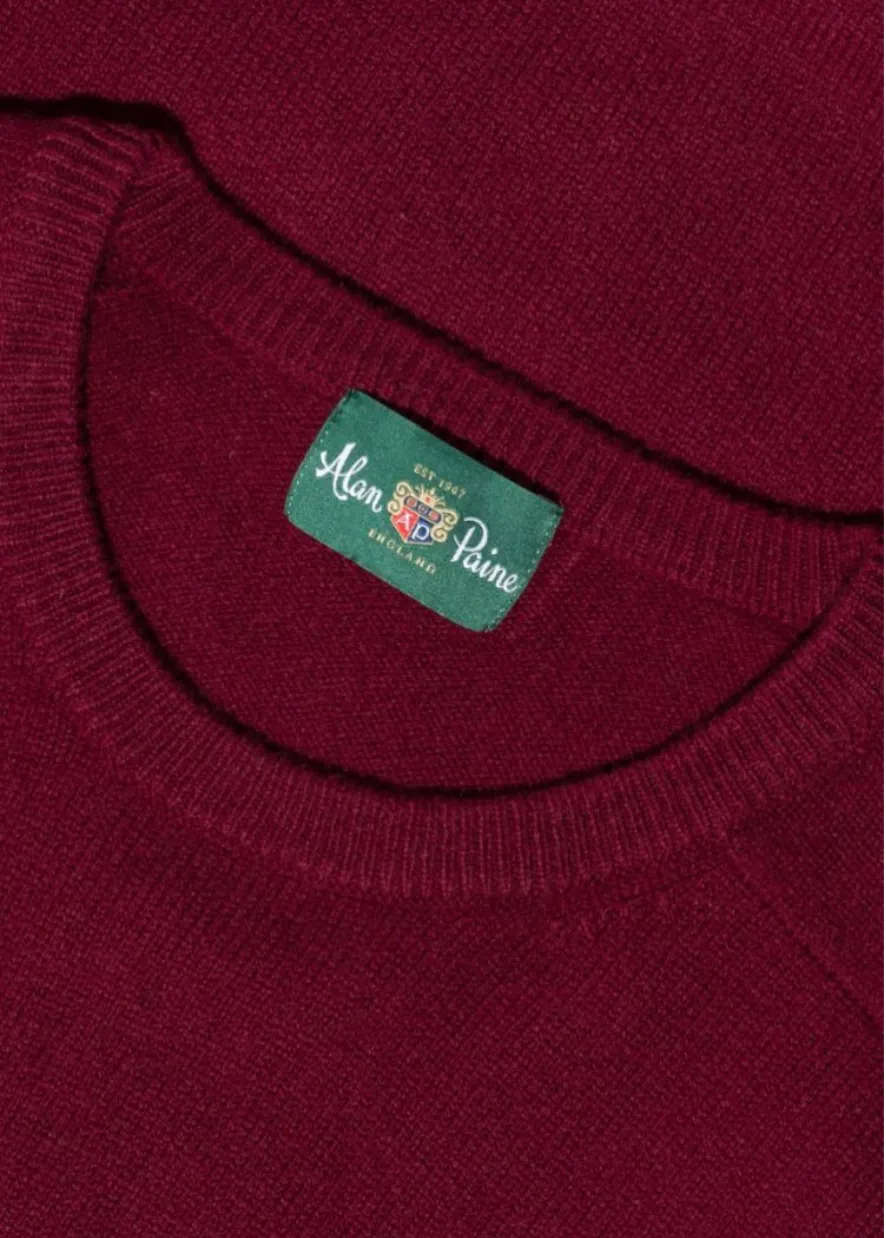 Alan Paine Sweater - Burgundy Dorset Lambswool Saddle Shoulder Crew Neck Sweater - Classic Fit