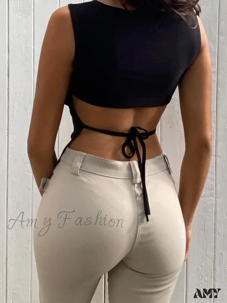 AMY - Tied Backless Slim Sleeveless Sexy Mock Neck Crop Top