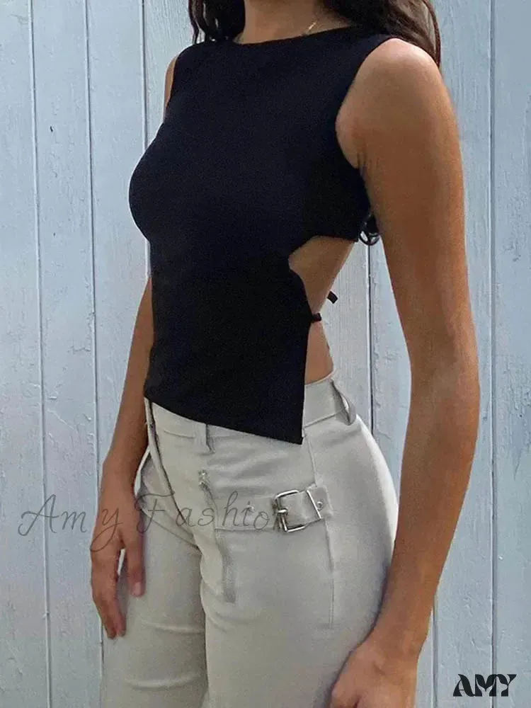 AMY - Tied Backless Slim Sleeveless Sexy Mock Neck Crop Top