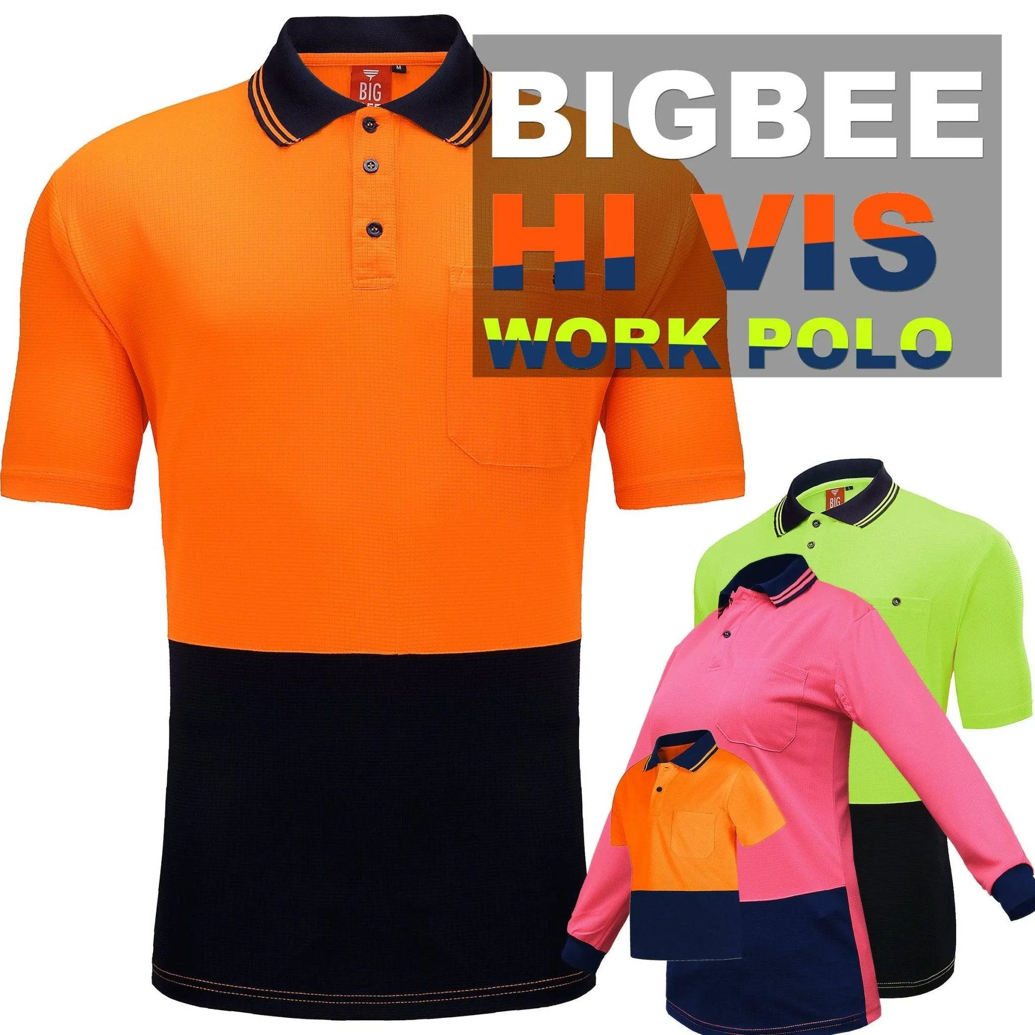 Big Bee Mens Hi Vis Polo Shirts, Long Sleeve