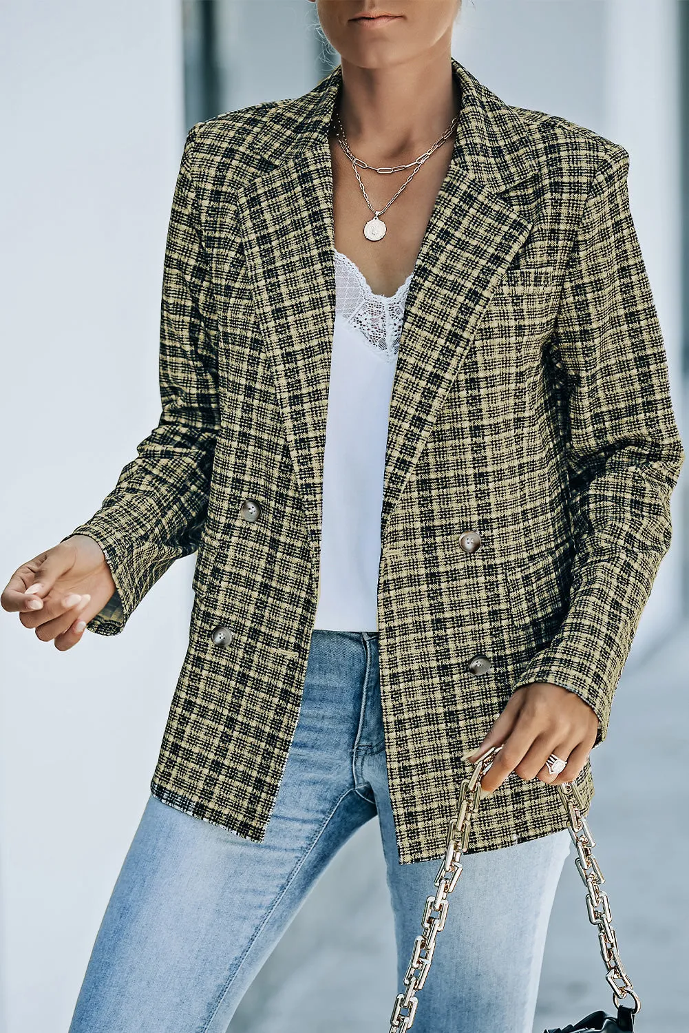 Black Plaid Double Breasted Lapel Collar Blazer