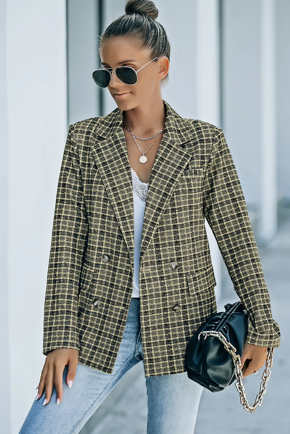 Black Plaid Double Breasted Lapel Collar Blazer