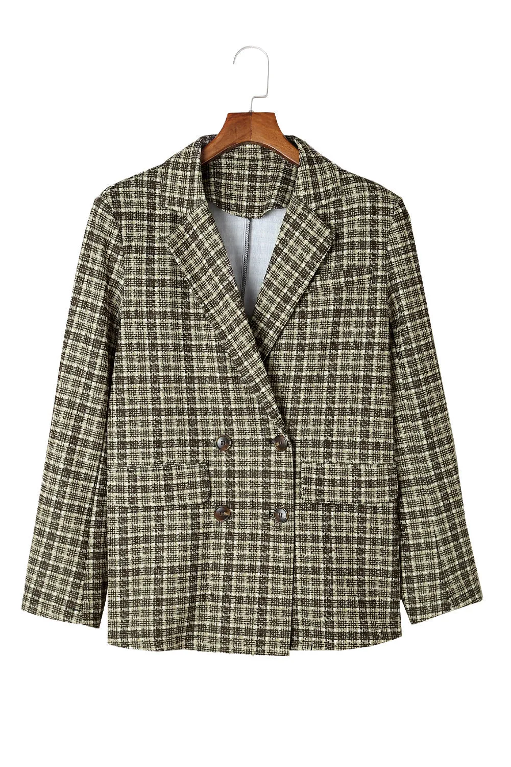 Black Plaid Double Breasted Lapel Collar Blazer