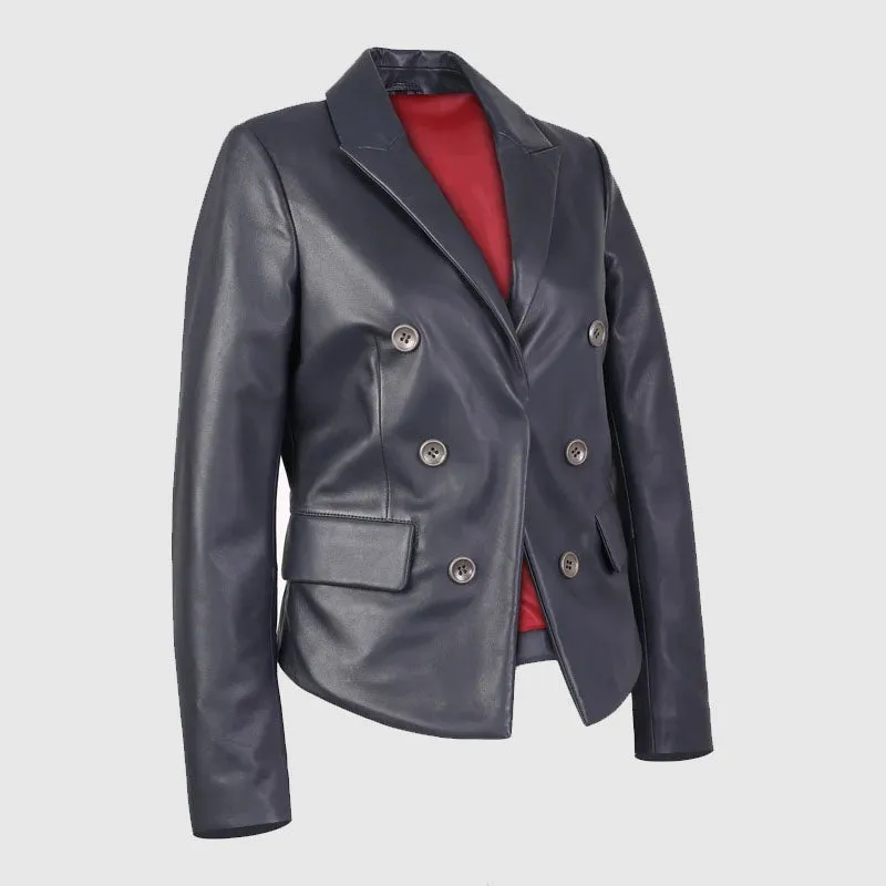 Buy Best Sharlene Womens Double-Breasted Leather Blazer Coat