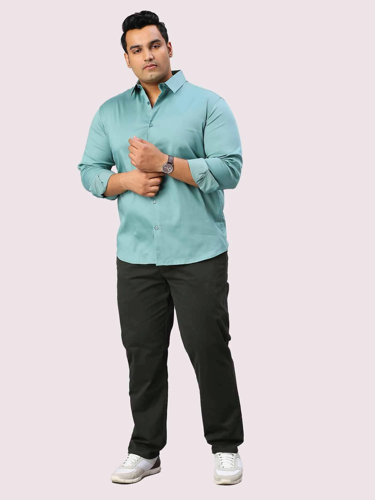 Celestial Blue Solid Stretchable Cotton Shirt Men's Plus Size