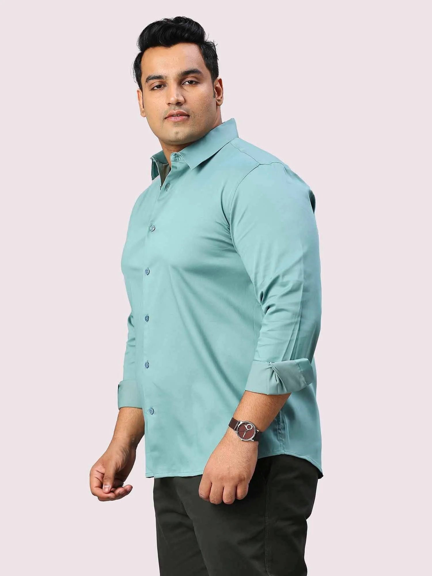 Celestial Blue Solid Stretchable Cotton Shirt Men's Plus Size