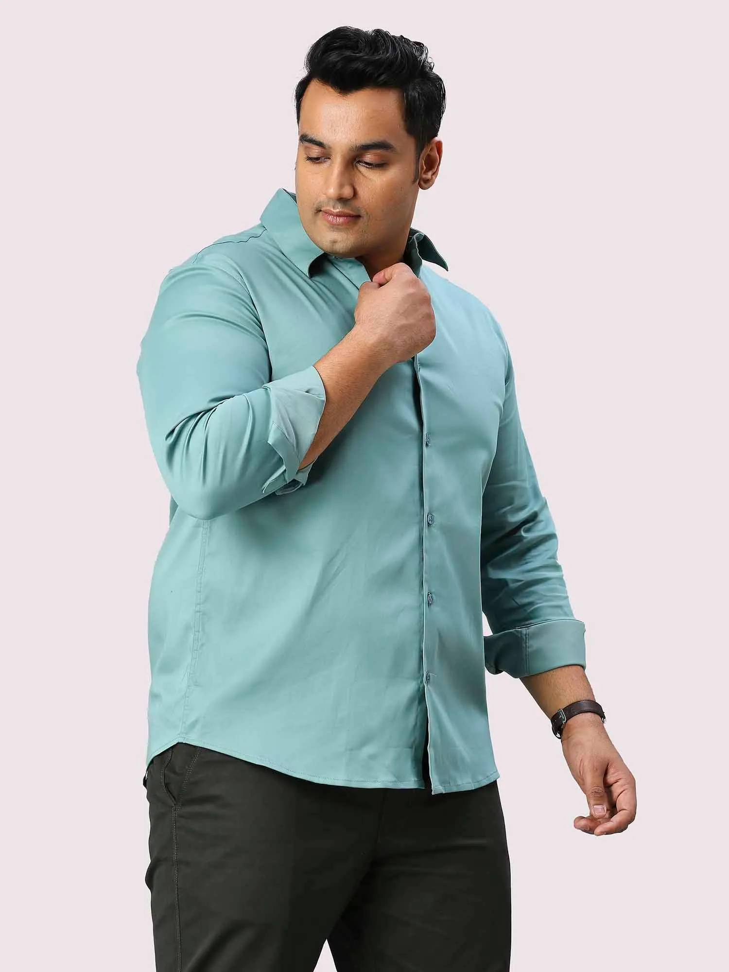 Celestial Blue Solid Stretchable Cotton Shirt Men's Plus Size