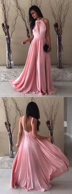 Charming A-Line Halter Pink Chiffon Satin Long Prom Dresses, QB0568