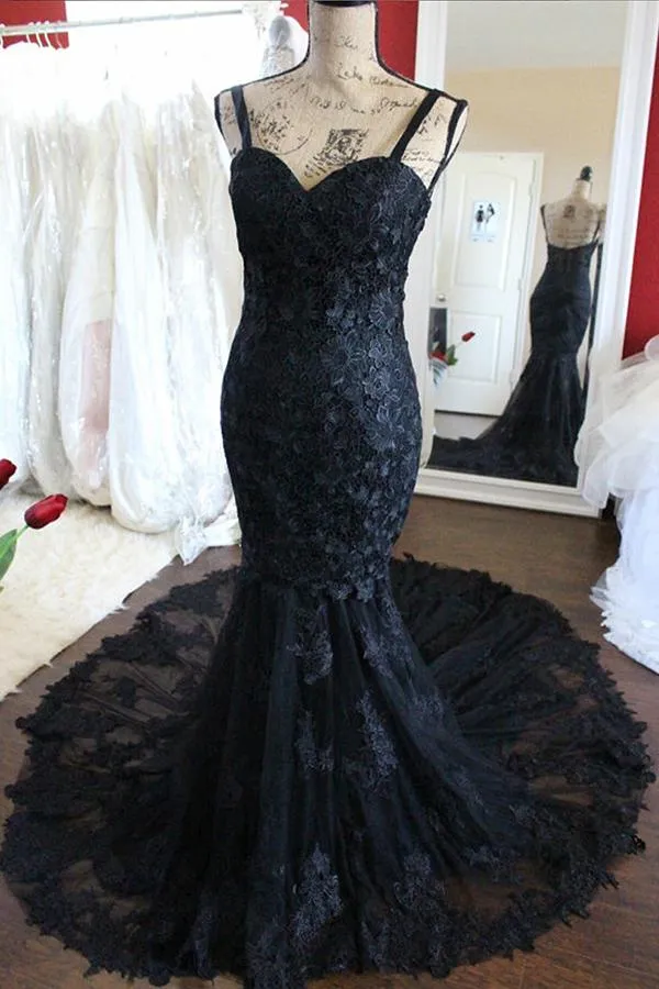 Charming Black Lace Spaghetti Strap Sweetheart Backless Mermaid Sweep Train Evening Dresses WK249