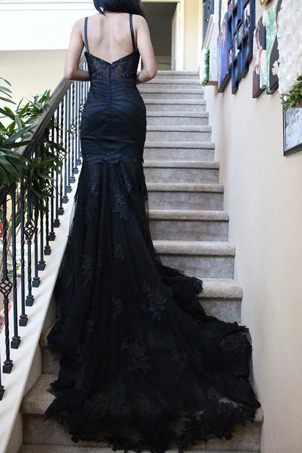 Charming Black Lace Spaghetti Strap Sweetheart Backless Mermaid Sweep Train Evening Dresses WK249