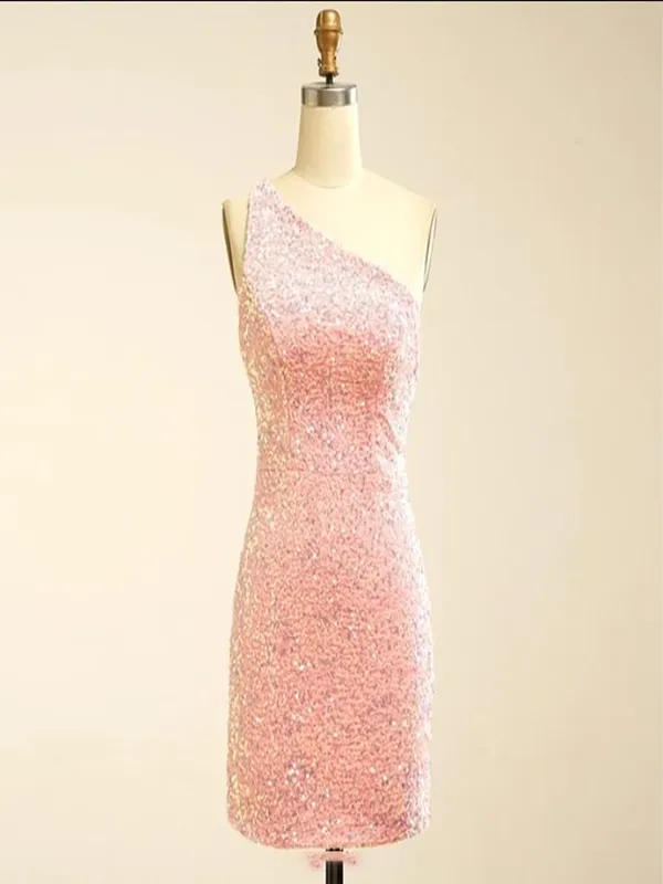 Charming Pink Sequin One Shoulder Backless Short Homecoming Dresses, HD0186