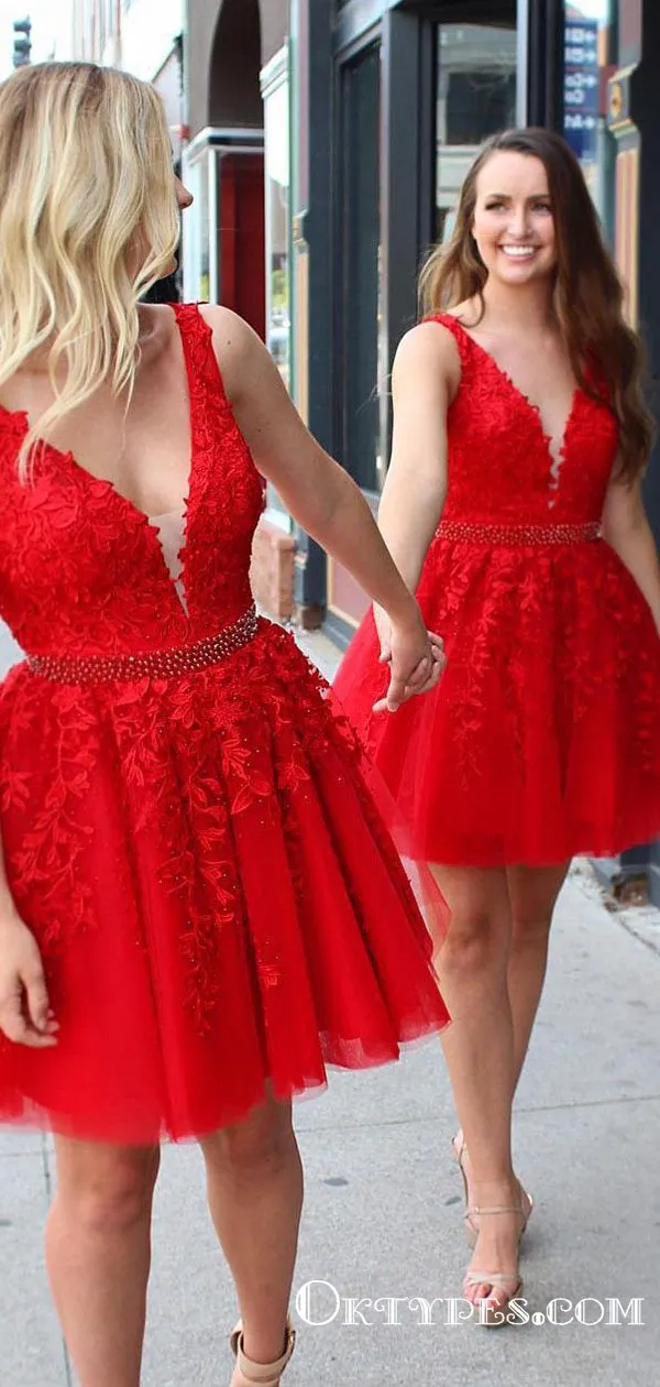 Charming V-Back Beading Belt Red Short Homecoming Dresses with Appliques, TYP2022