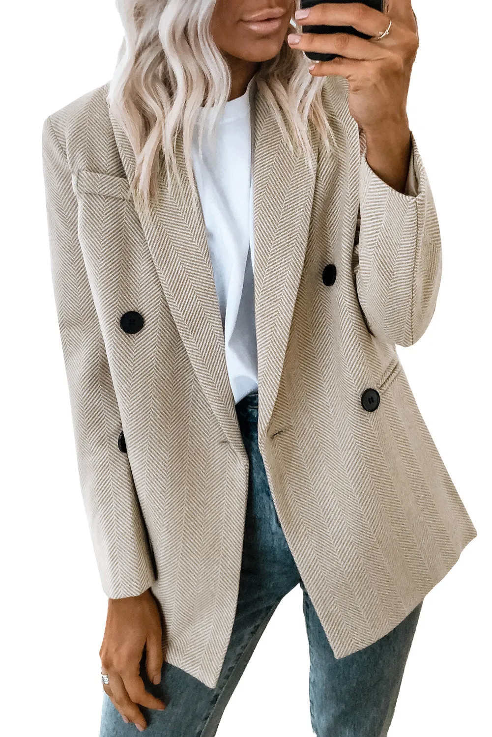 Chevron Ribbed Double Breasted Lapel Collar Blazer