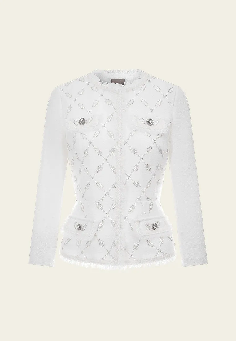 Diamond-pattern Frayed-trim Slim-fit Jacket