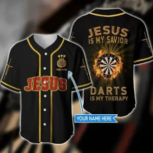 Flame Dart Jesus Dart Is My Therapy Cross Custom Baseball Jersey - Personalized Jesus Baseball Jersey For Men and Women