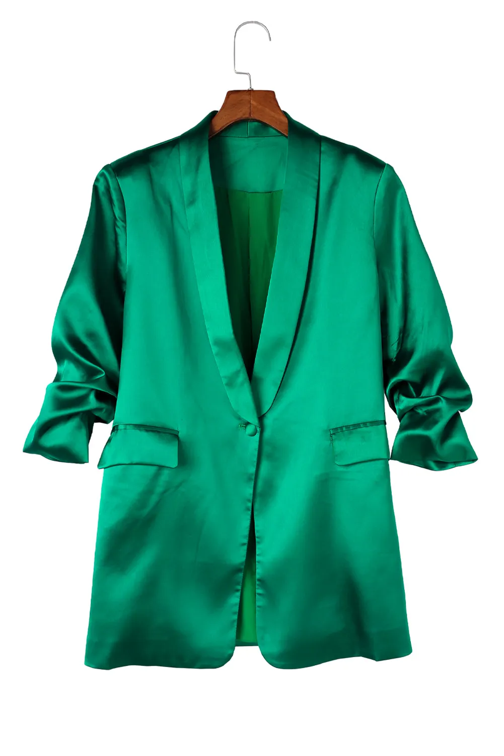 Green Lapel Collar Pocketed Satin Blazer