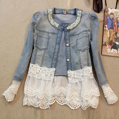 HEE GRAND Jeans Jacket Women Casacos Feminino Slim Lace Patchwork Beading Denim Lady Elegant Vintage Jackets Coat WWJ084