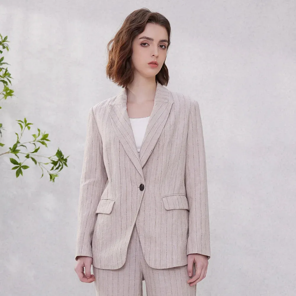 Luxury Formal Stripe Linen Ladies Office Elegant Chic Blazer