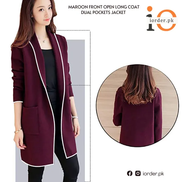 Maroon Front Open Long Coat Dual Pockets Jacket