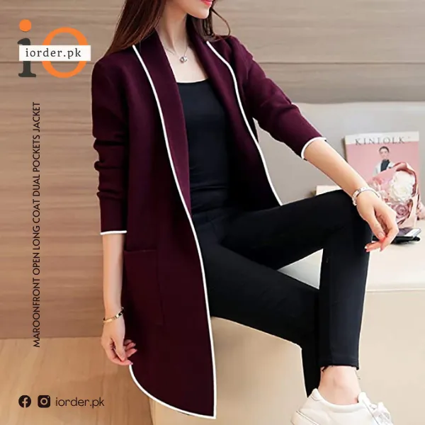 Maroon Front Open Long Coat Dual Pockets Jacket