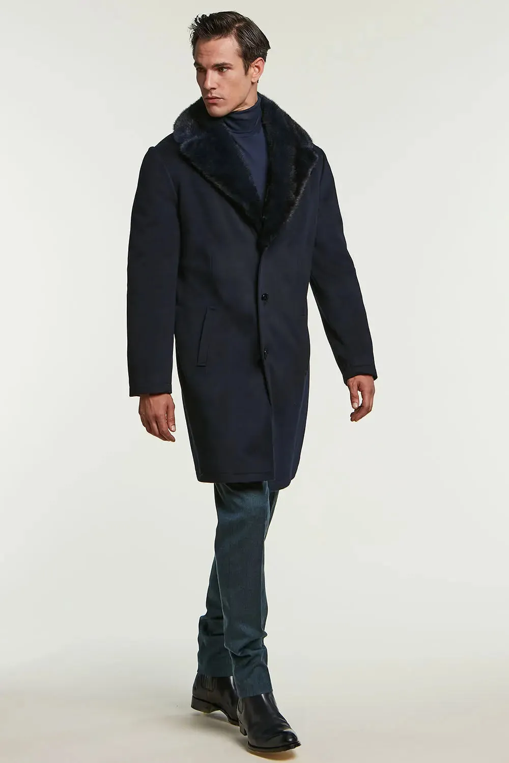 Mens cashmere coat with mink collar