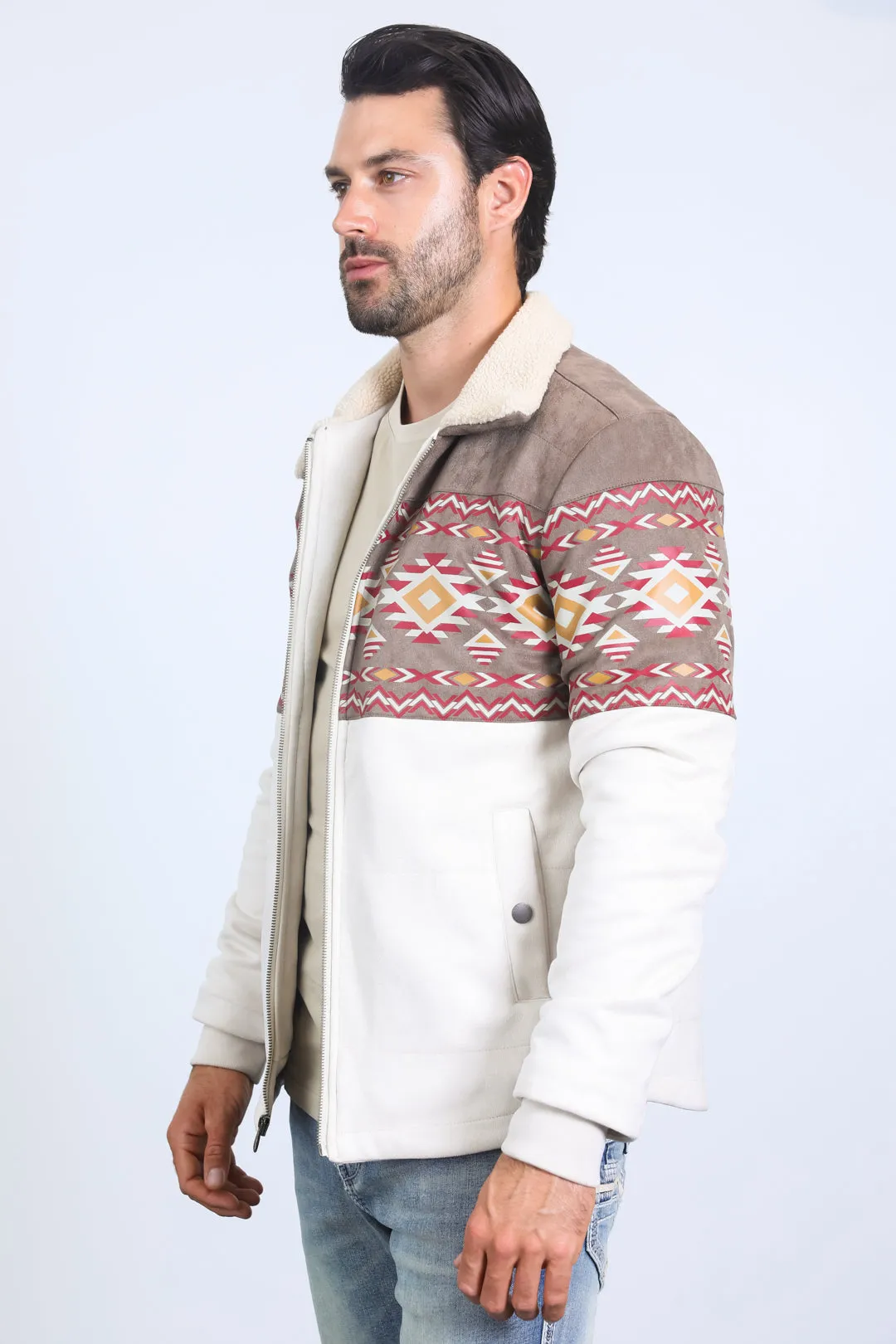 Mens Ethnic Aztec Fur Lined Quilted Suede Beige Jacket