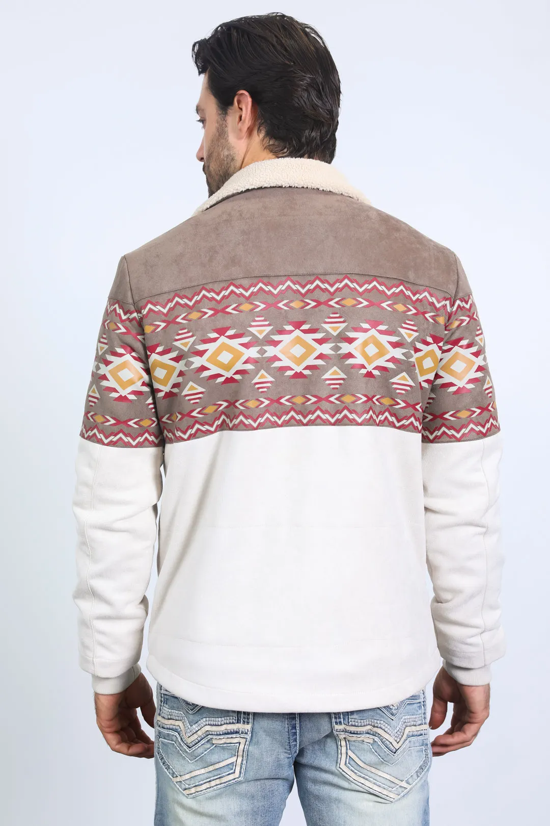 Mens Ethnic Aztec Fur Lined Quilted Suede Beige Jacket