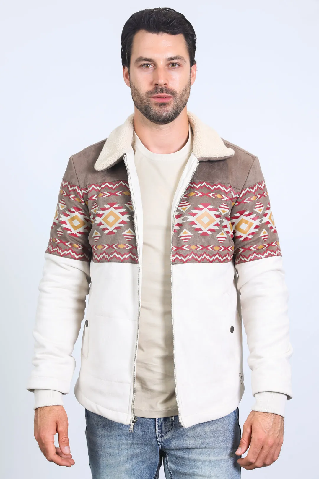 Mens Ethnic Aztec Fur Lined Quilted Suede Beige Jacket