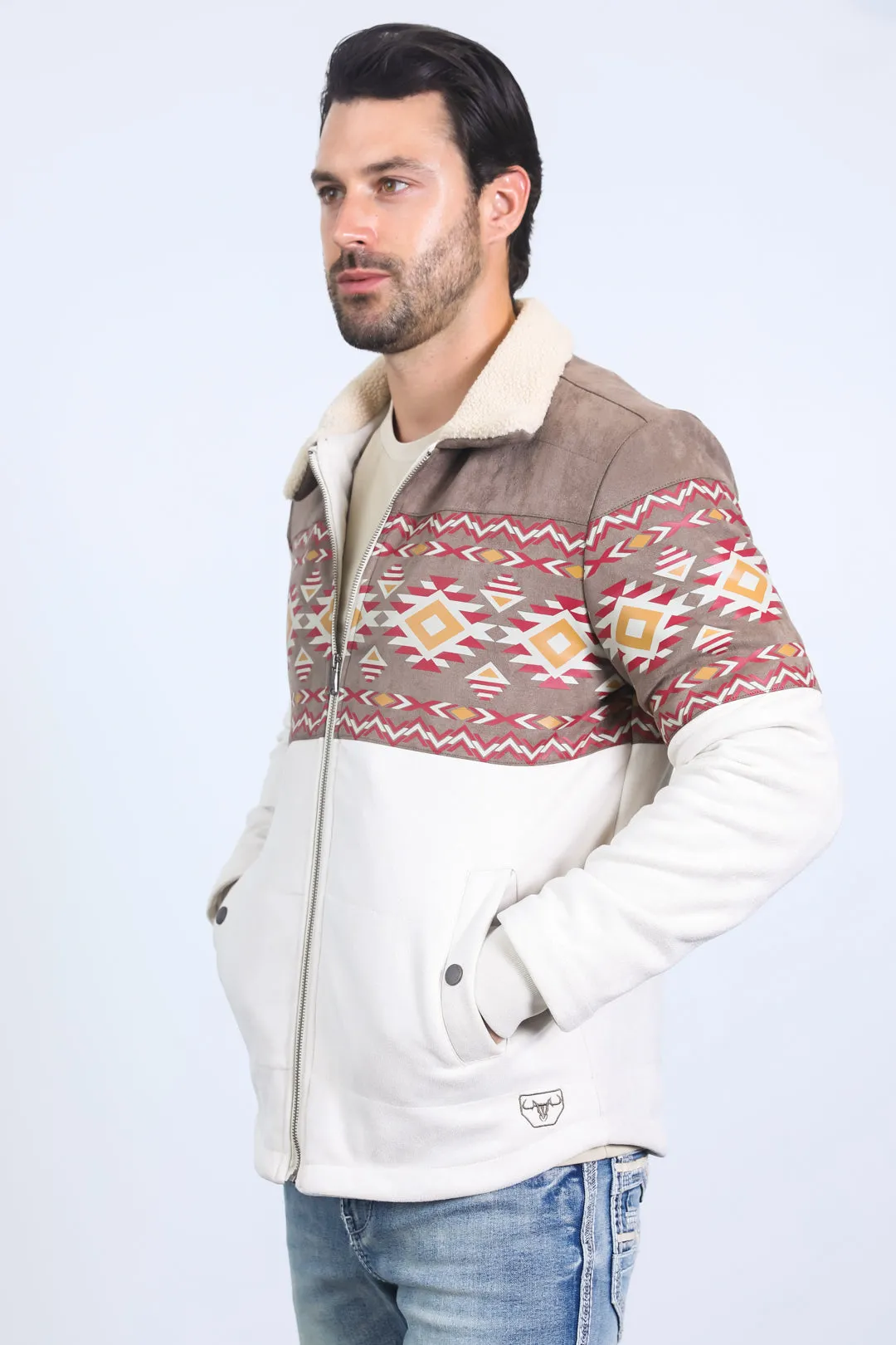 Mens Ethnic Aztec Fur Lined Quilted Suede Beige Jacket