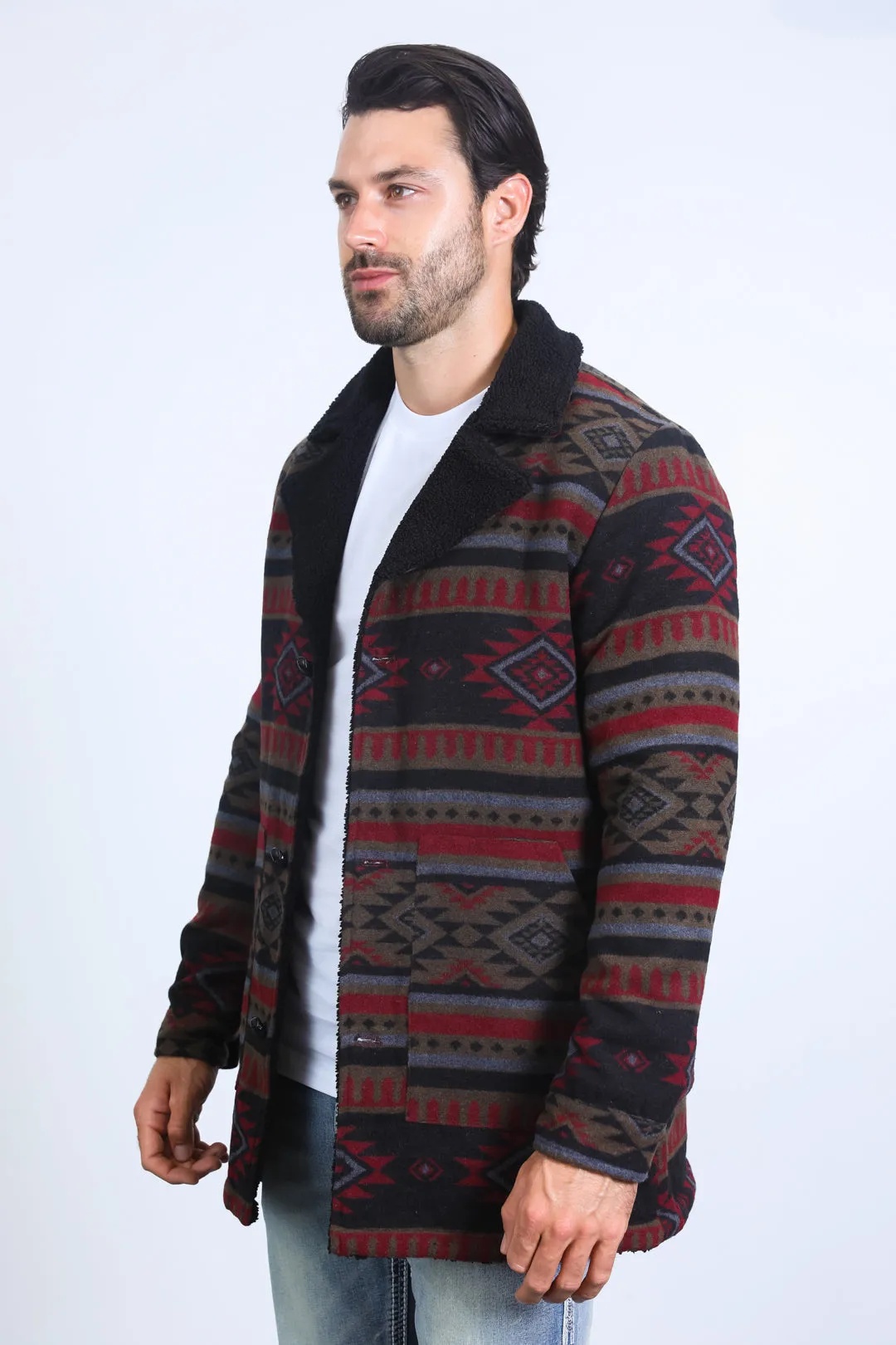 Mens Ethnic Aztec Long Twill Black/Red Coat