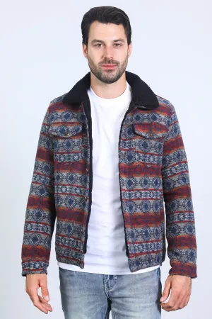 Mens Ethnic Aztec Quilted Fur Lined Black Jacket