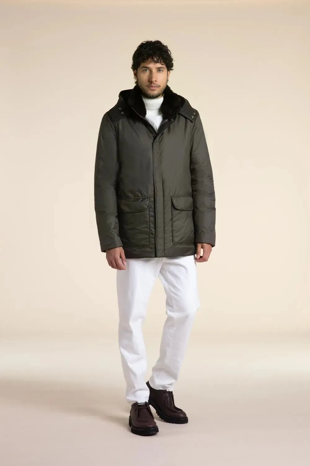 Mens green parka coats with fur hood