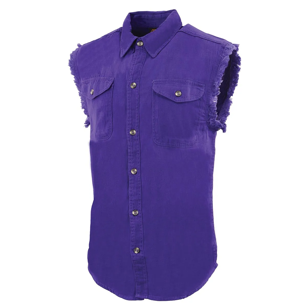 Milwaukee Leather DM1006 Men's Purple Lightweight Denim Shirt with with Frayed Cut Off Sleeveless Look