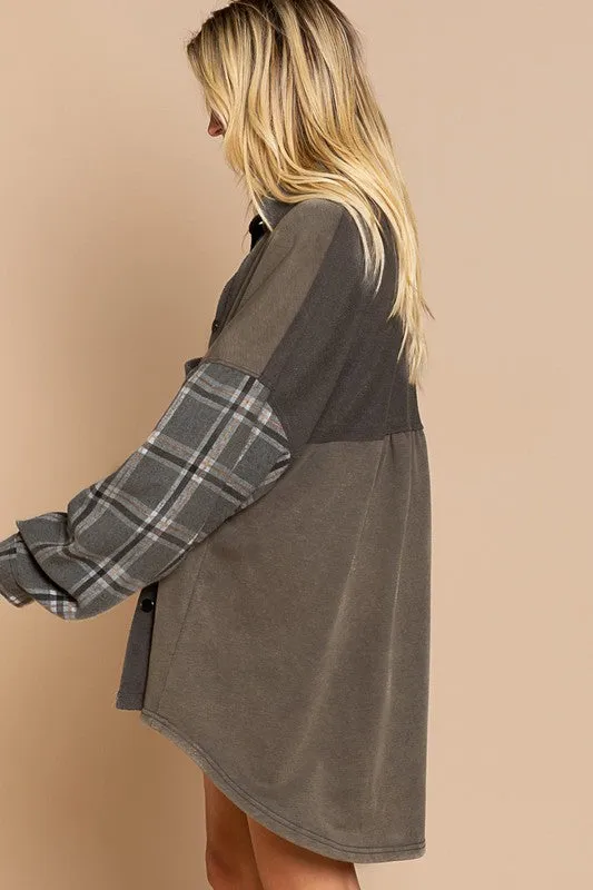 POL Long Sleeve With Plaid Detail Sleeve Shacket