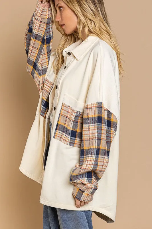 POL Long Sleeve With Plaid Detail Sleeve Shacket