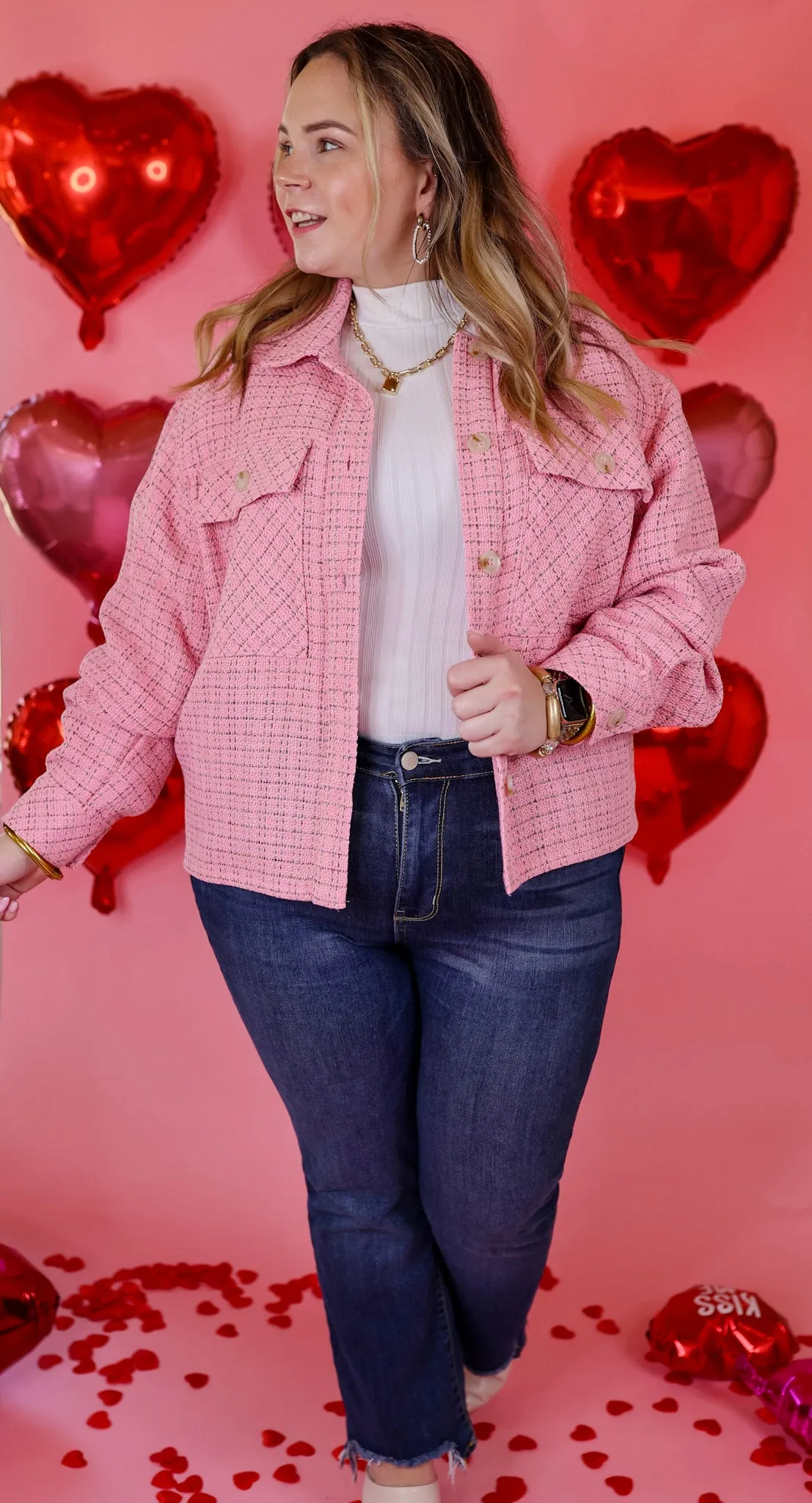 Rodeo Drive Button Up Tweed Jacket in Pink