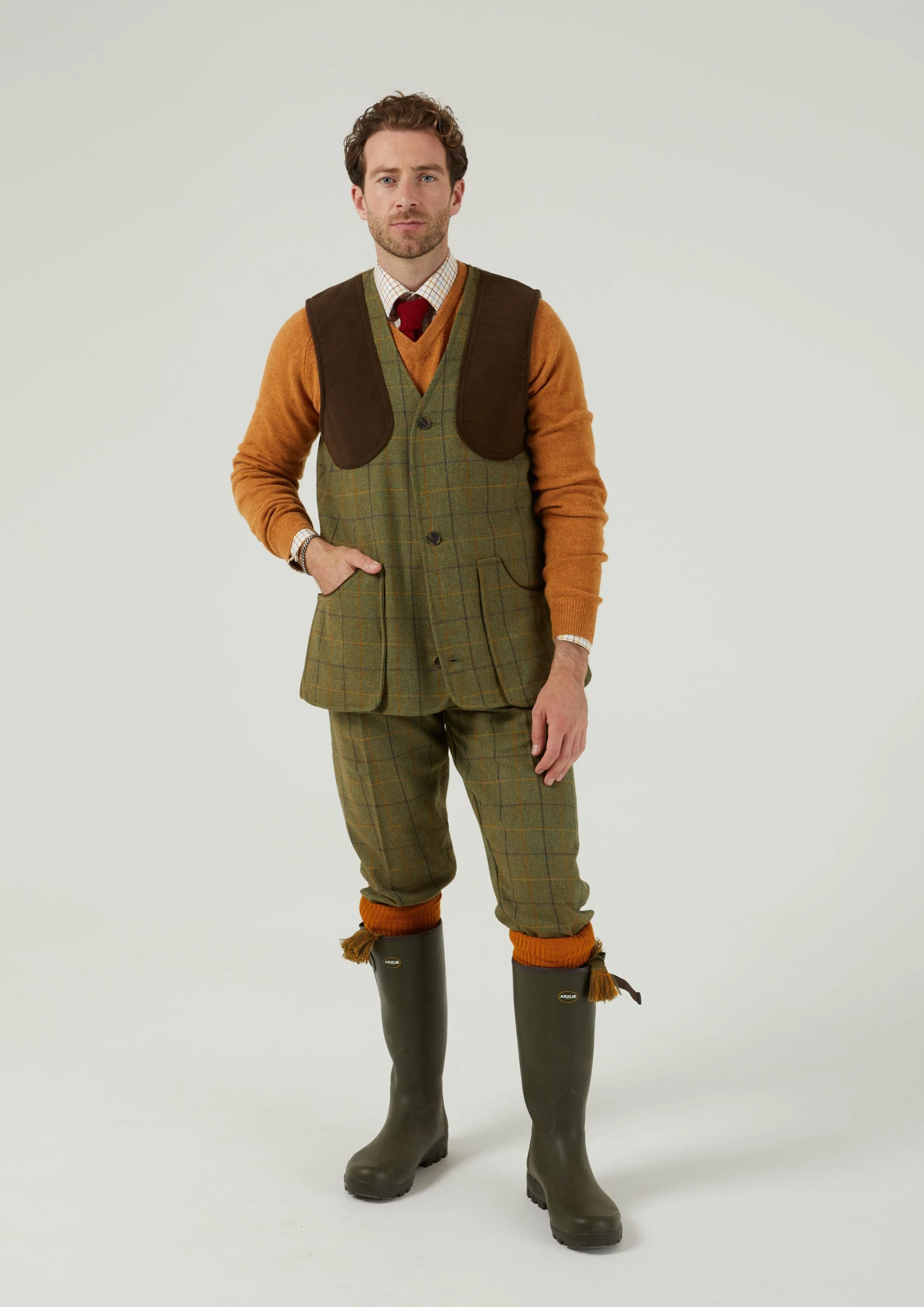 Rutland Men's Tweed Shooting Waistcoat In Dark Moss - Shooting Fit