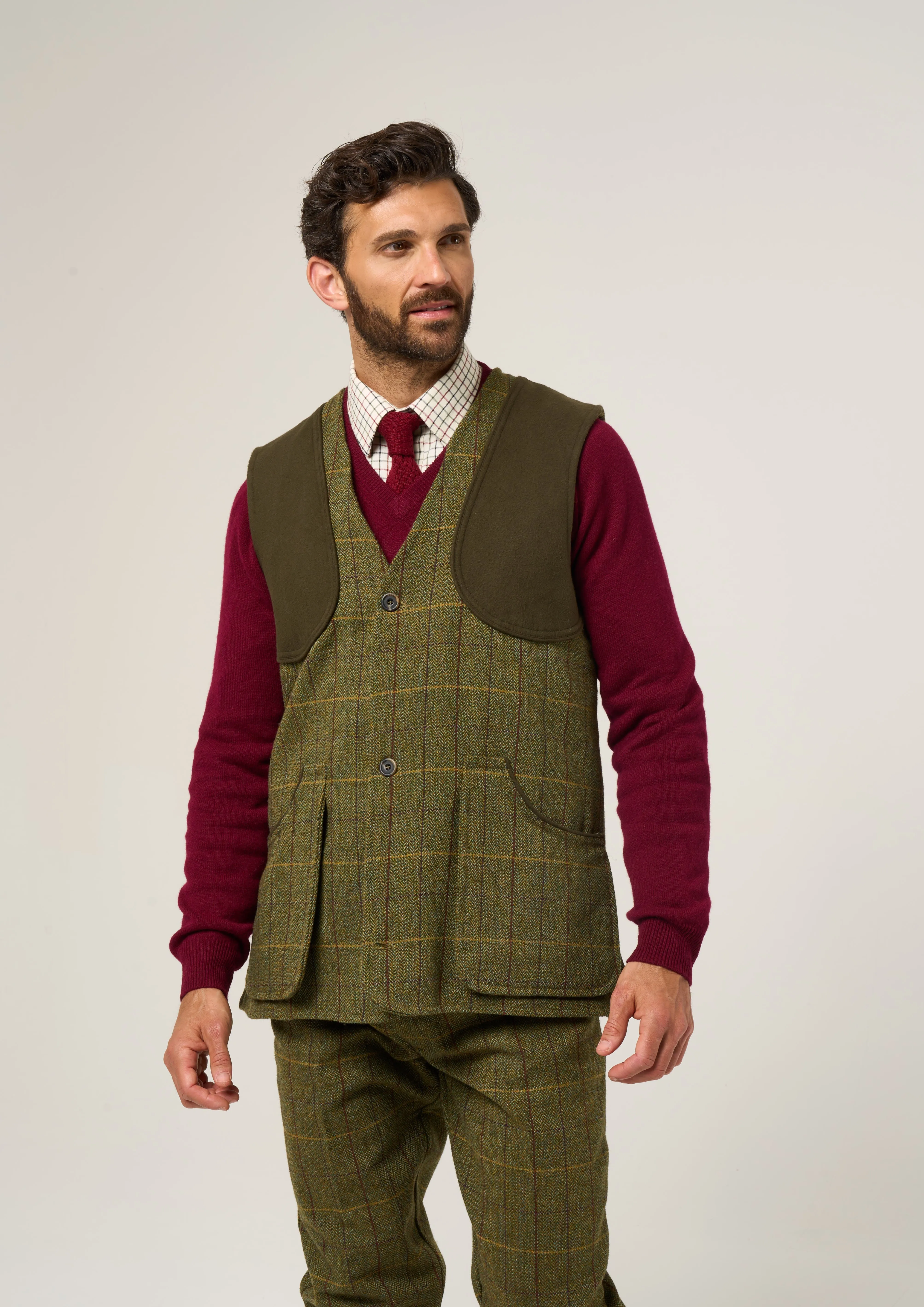 Rutland Men's Tweed Shooting Waistcoat In Green Ash - Shooting Fit