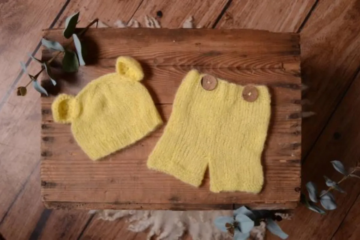 SET Mohair Bear Hat and Pants - Light Yellow