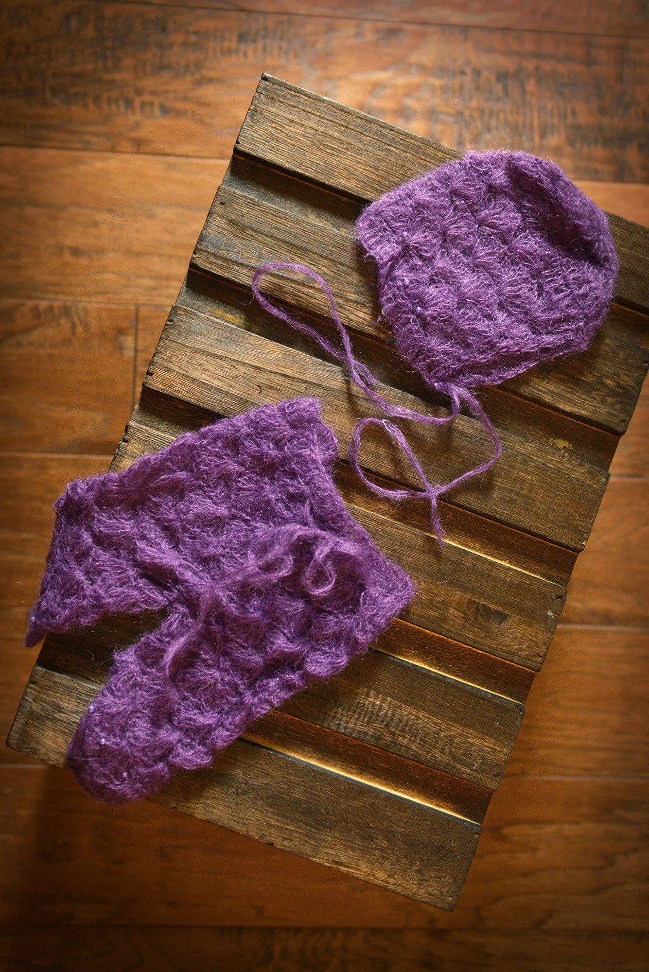 SET Mohair Pants and Bonnet with Pearls - Violet