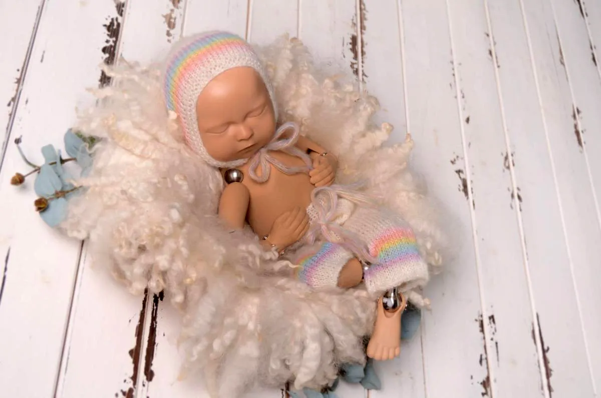 SET Mohair Pants, Headband and Adjustable Bonnet - Rainbow Pale