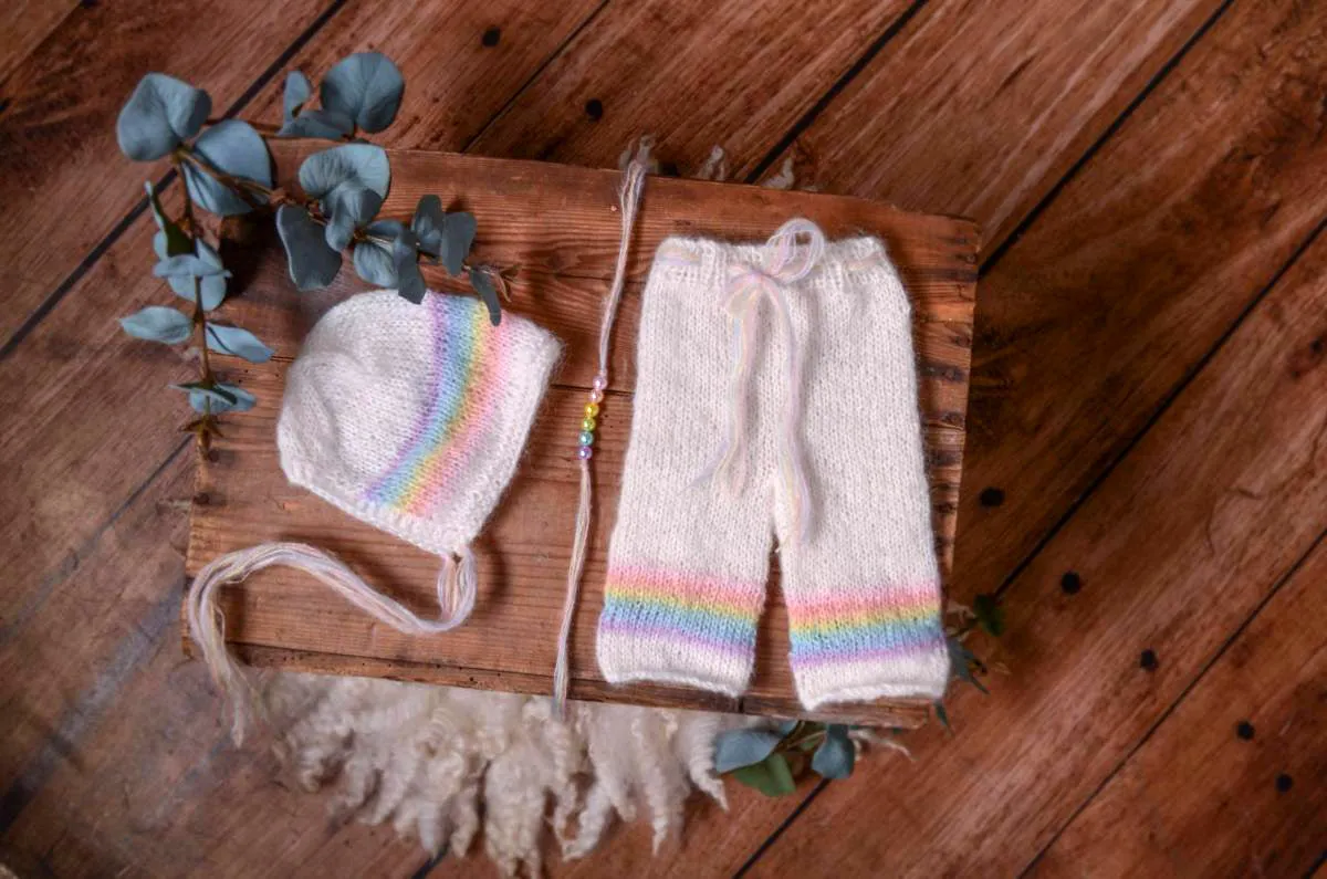 SET Mohair Pants, Headband and Adjustable Bonnet - Rainbow Pale